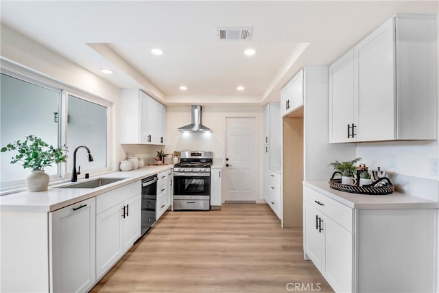 kitchen with sink, gas range, dishwashing machine, wall chimney range hood, and white cabinets