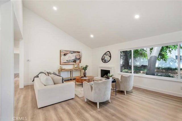 living room featuring high vaulted ceiling and light wood-type flooring