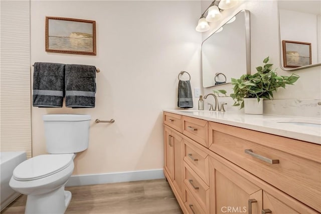 bathroom with vanity, toilet, and wood-type flooring