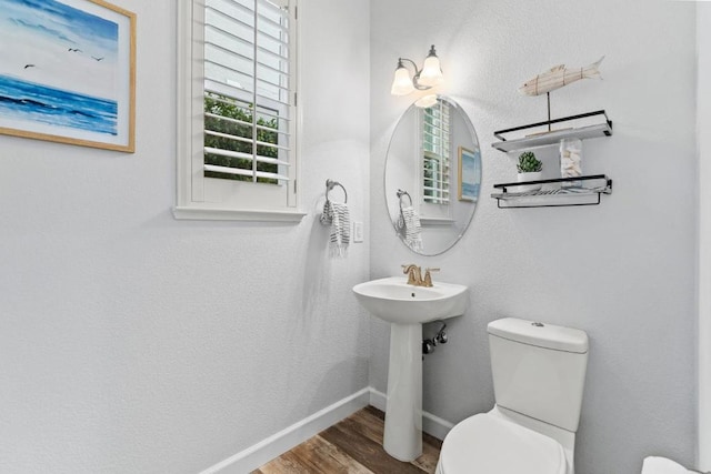 bathroom with wood-type flooring, sink, and toilet