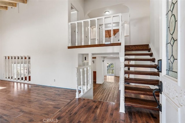 interior space featuring dark hardwood / wood-style flooring and a high ceiling