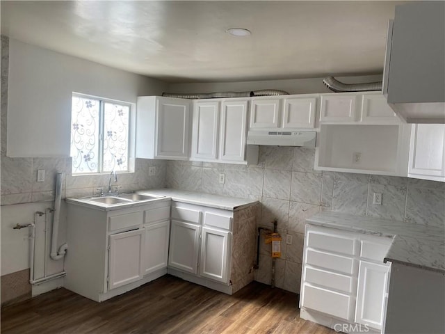 kitchen with tasteful backsplash, white cabinetry, wood-type flooring, and sink