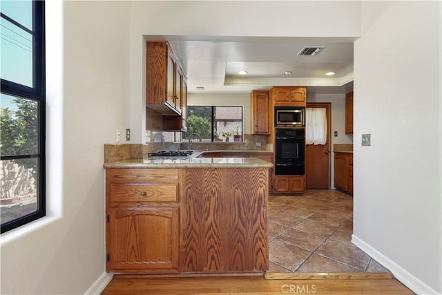 kitchen featuring tasteful backsplash, stainless steel appliances, and a tray ceiling