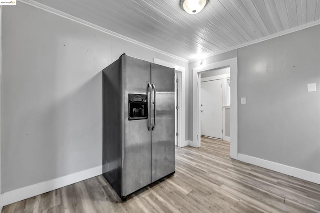 kitchen featuring wood ceiling, stainless steel fridge with ice dispenser, crown molding, and light wood-type flooring