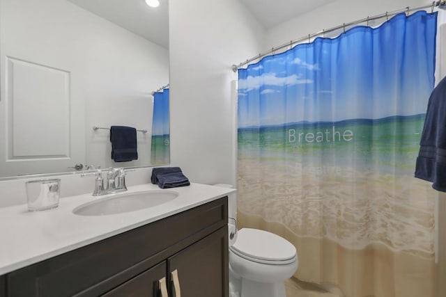 bathroom featuring vanity, toilet, and walk in shower