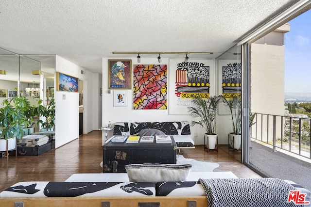 living room with dark wood-type flooring, floor to ceiling windows, rail lighting, and a textured ceiling