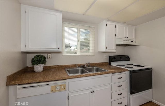 35172 Mesa Grande Dr, Calimesa, CA 92320 - kitchen with electric range oven, white dishwasher, under cabinet range hood, a sink, and white cabinetry