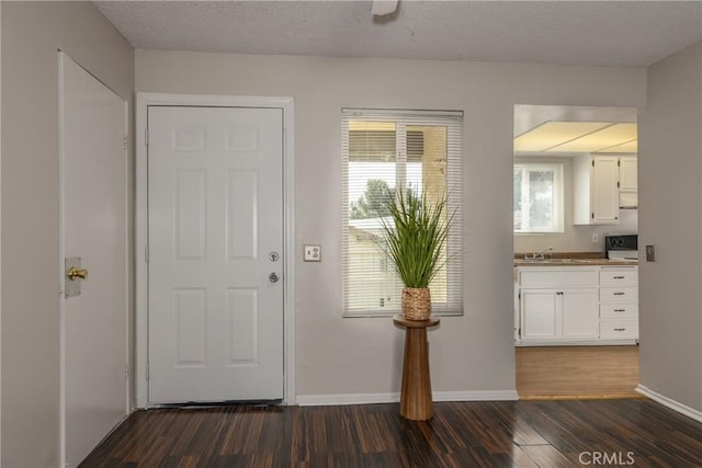 interior space with dark hardwood / wood-style floors, sink, and a textured ceiling