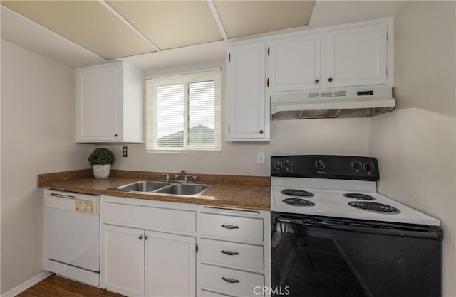 35172 Mesa Grande Dr, Calimesa, CA 92320 - kitchen featuring electric stove, under cabinet range hood, a sink, white dishwasher, and white cabinets