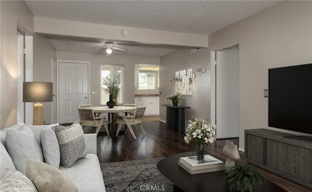 living room with ceiling fan, dark hardwood / wood-style floors, and a textured ceiling