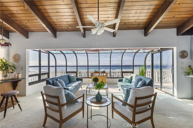 sunroom / solarium featuring beamed ceiling, ceiling fan, a water view, and wood ceiling