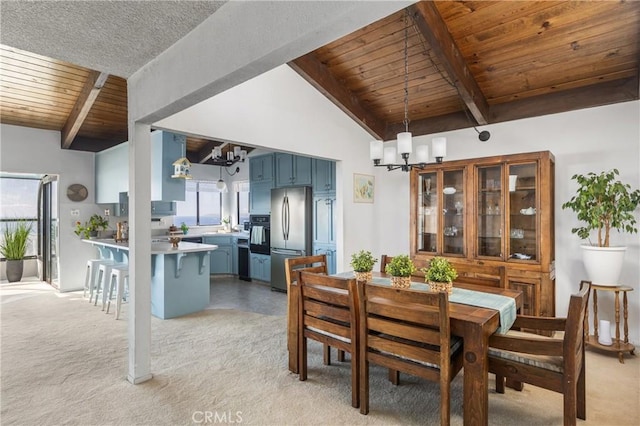 dining area featuring lofted ceiling with beams, wood ceiling, a chandelier, and a wealth of natural light