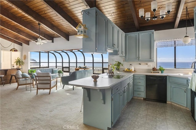 kitchen with ceiling fan, hanging light fixtures, black dishwasher, a water view, and wooden ceiling