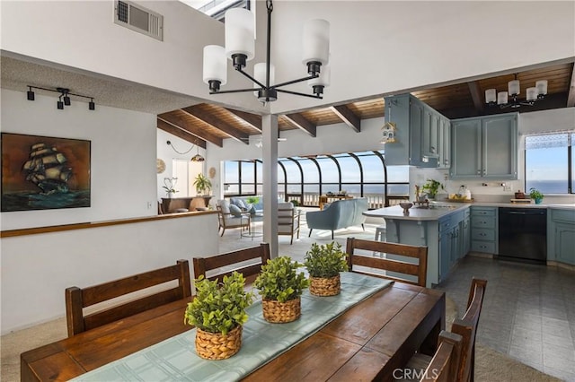 dining space featuring wood ceiling, visible vents, beamed ceiling, and an inviting chandelier