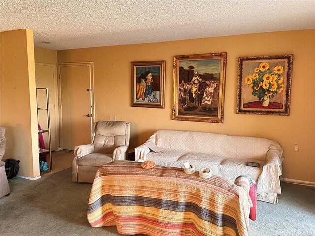 living room featuring carpet floors and a textured ceiling