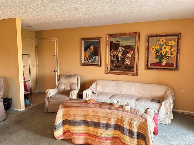 living room featuring a textured ceiling and carpet