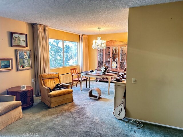 carpeted dining area featuring a notable chandelier and a textured ceiling