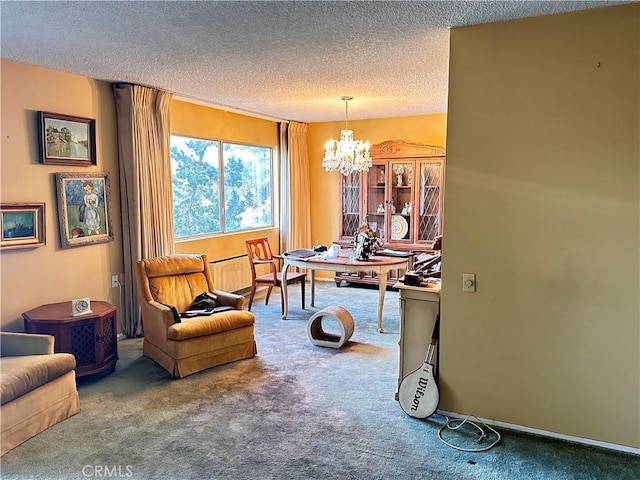 dining room featuring an inviting chandelier, a textured ceiling, and carpet