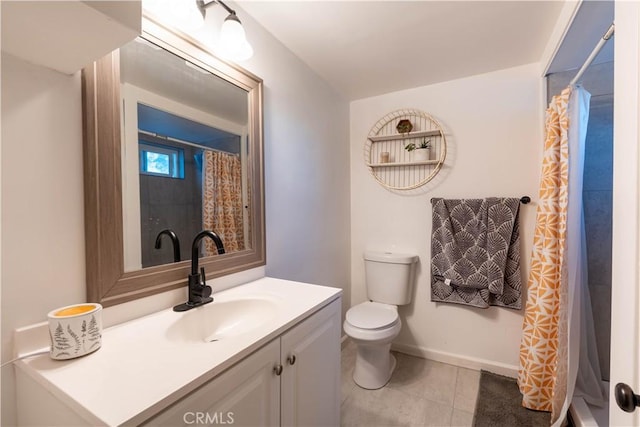 bathroom featuring tile patterned flooring, vanity, a shower with curtain, and toilet