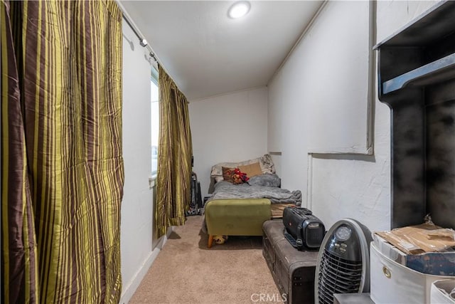 bedroom with light colored carpet