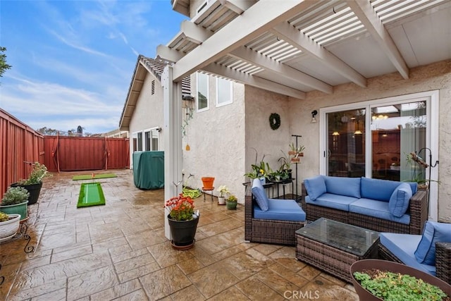 view of patio / terrace featuring a pergola and an outdoor hangout area