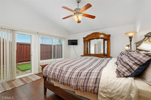 bedroom with lofted ceiling, dark wood-type flooring, access to outside, and ceiling fan