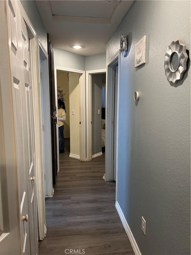 hallway with dark wood-type flooring