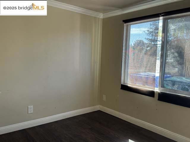 empty room featuring crown molding and dark hardwood / wood-style flooring