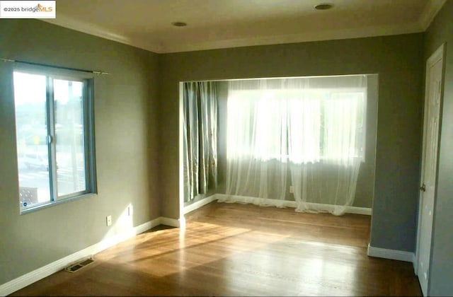 spare room featuring ornamental molding, plenty of natural light, and hardwood / wood-style floors