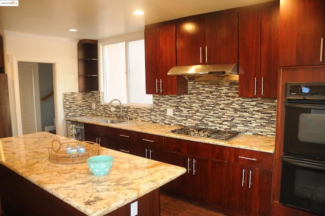 kitchen with stainless steel gas cooktop, sink, light stone counters, double oven, and backsplash