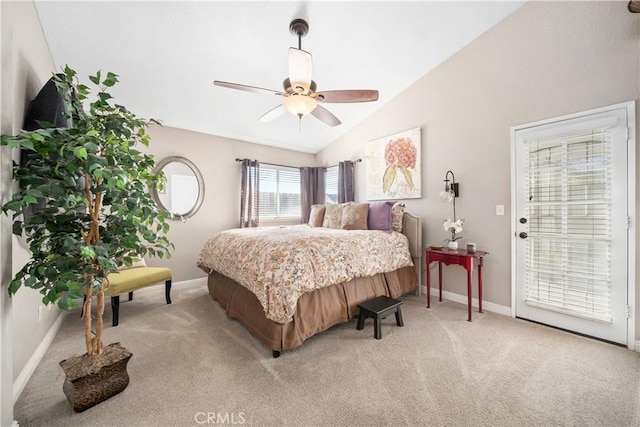 bedroom featuring ceiling fan, baseboards, vaulted ceiling, and light colored carpet