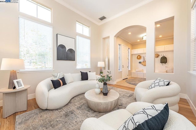 living room featuring crown molding, plenty of natural light, and light hardwood / wood-style floors