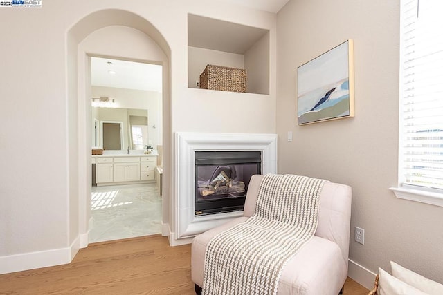 living area with light hardwood / wood-style floors