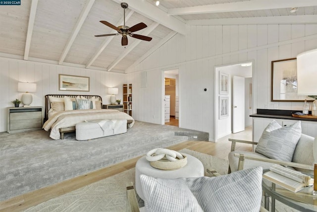 bedroom with ceiling fan, lofted ceiling with beams, wooden ceiling, and light wood-type flooring