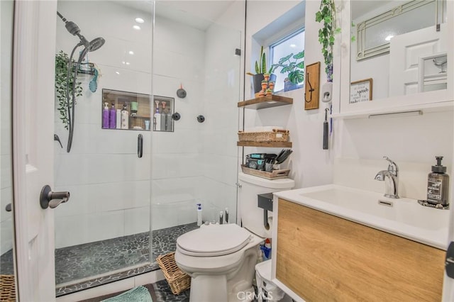 bathroom featuring vanity, a shower with door, and toilet