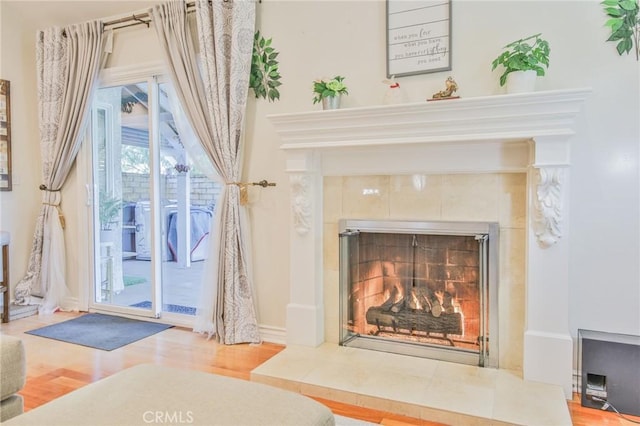 details with wood-type flooring and a tile fireplace