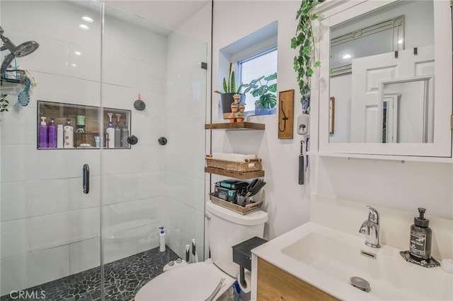 bathroom featuring vanity, walk in shower, and toilet