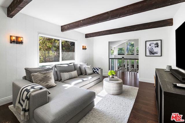 living room featuring dark wood-type flooring, a wealth of natural light, and beam ceiling