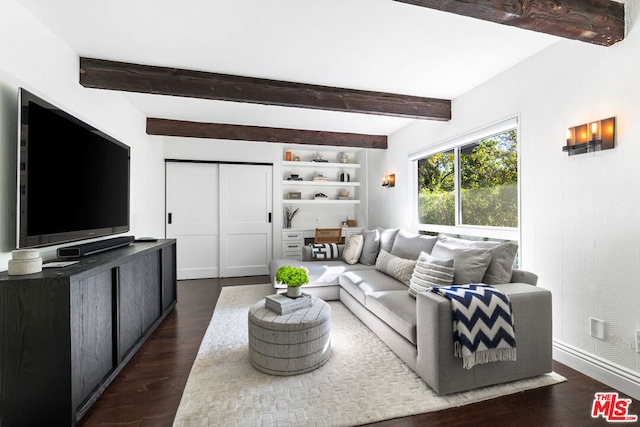 living room featuring beam ceiling and dark wood-type flooring