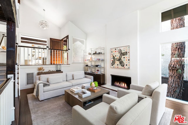 living room with dark hardwood / wood-style flooring and high vaulted ceiling