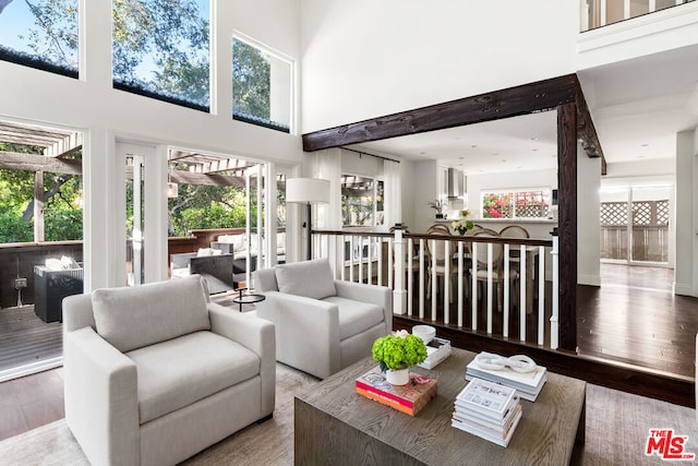 living room with wood-type flooring and a towering ceiling