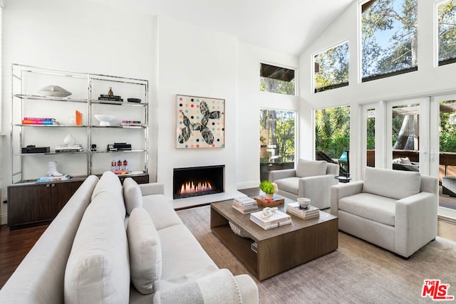 living room featuring high vaulted ceiling, french doors, and light wood-type flooring