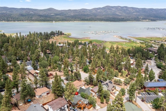 drone / aerial view with a water and mountain view