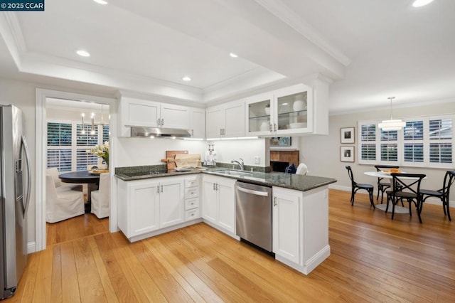 kitchen featuring white cabinetry, a tray ceiling, kitchen peninsula, and appliances with stainless steel finishes