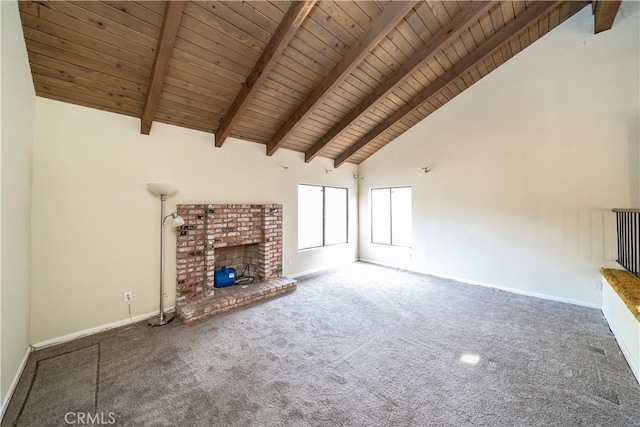 unfurnished living room featuring beamed ceiling, carpet floors, wood ceiling, and high vaulted ceiling