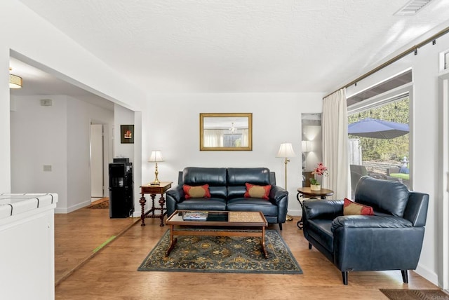 living room with a textured ceiling and light hardwood / wood-style floors