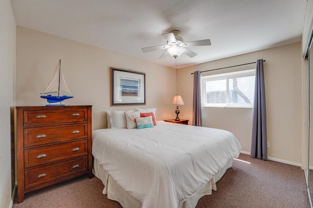 bedroom featuring light carpet and ceiling fan