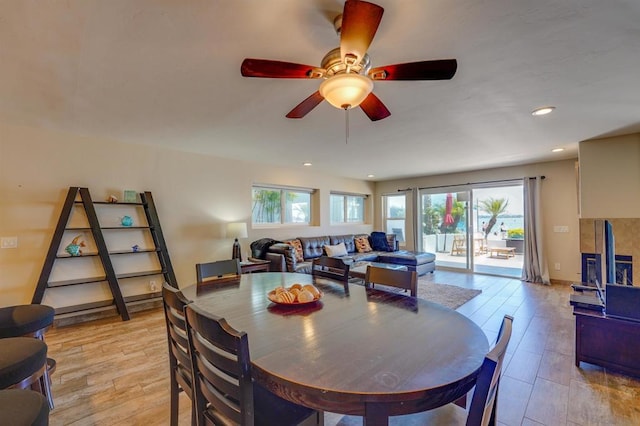 dining area with ceiling fan and light hardwood / wood-style flooring