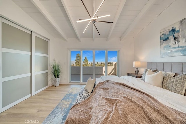 bedroom with wood ceiling, access to exterior, lofted ceiling with beams, light hardwood / wood-style floors, and a chandelier