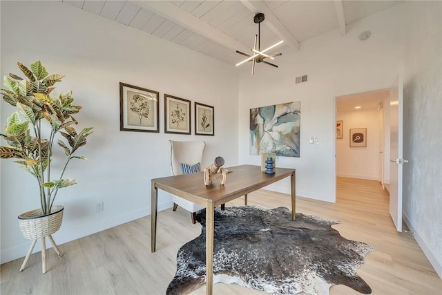 home office with vaulted ceiling with beams, a notable chandelier, light wood-type flooring, and wood ceiling